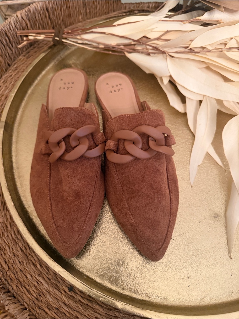 a new day Brown Suede Pointed Slip-On Mules with Matte Chain